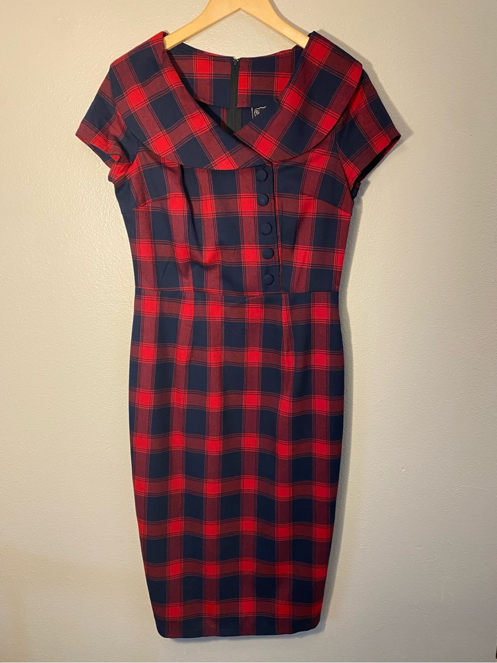 Voodoo Vixen Red & Black Plaid Retro Midi Vintage Dress Size M Wiggle Dress